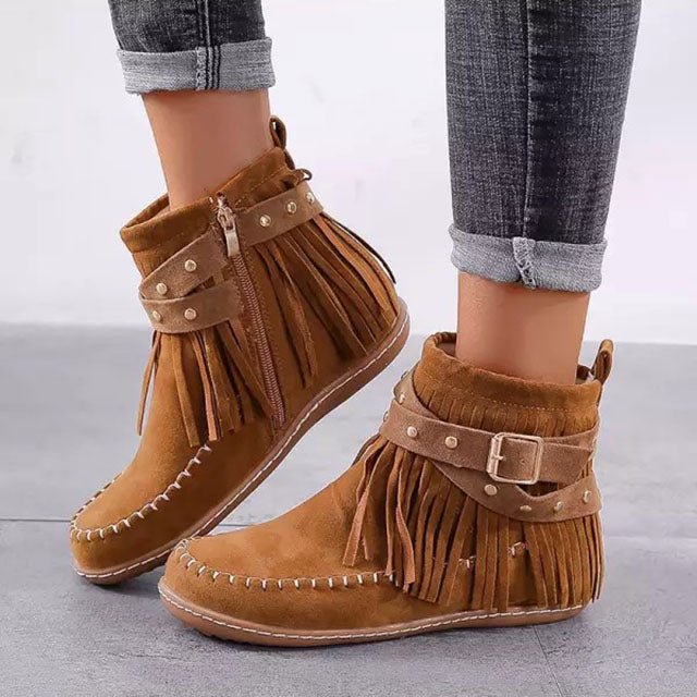 Moccasin ankle boots with fringe on sale