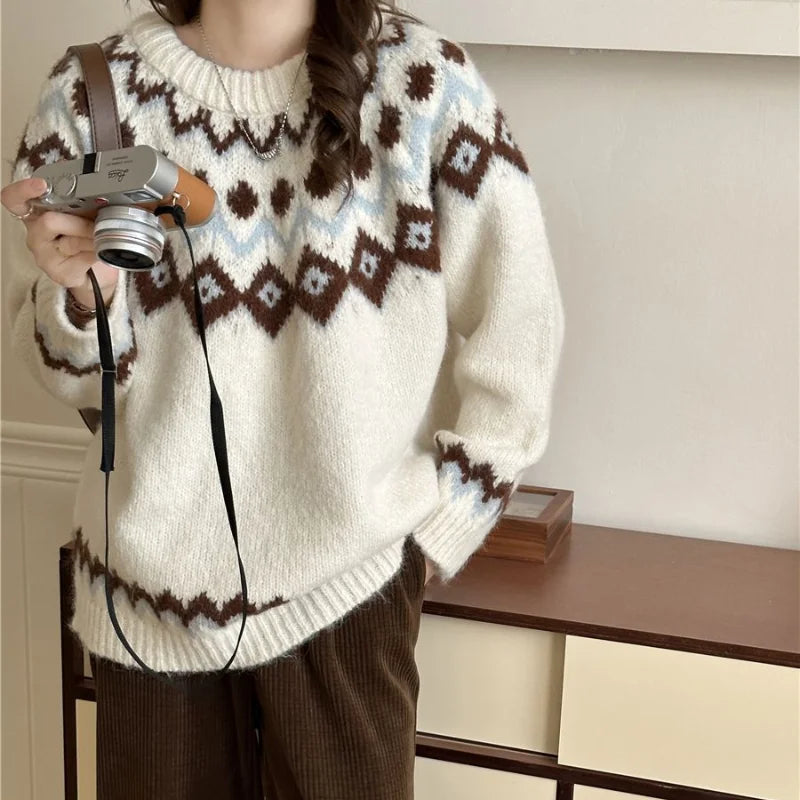 Casual Oversized Fair Isle Knit Sweater