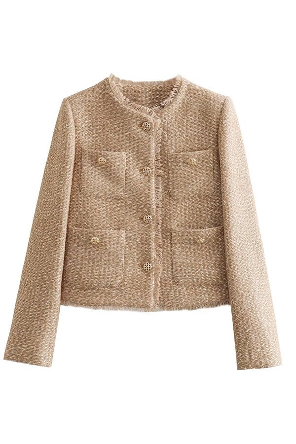 Vorina Luxury FashionChic Tweed Button - Down Blazer - Beige Textured JacketJackets