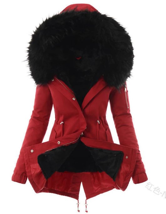 Black coat with red fur fashion hood