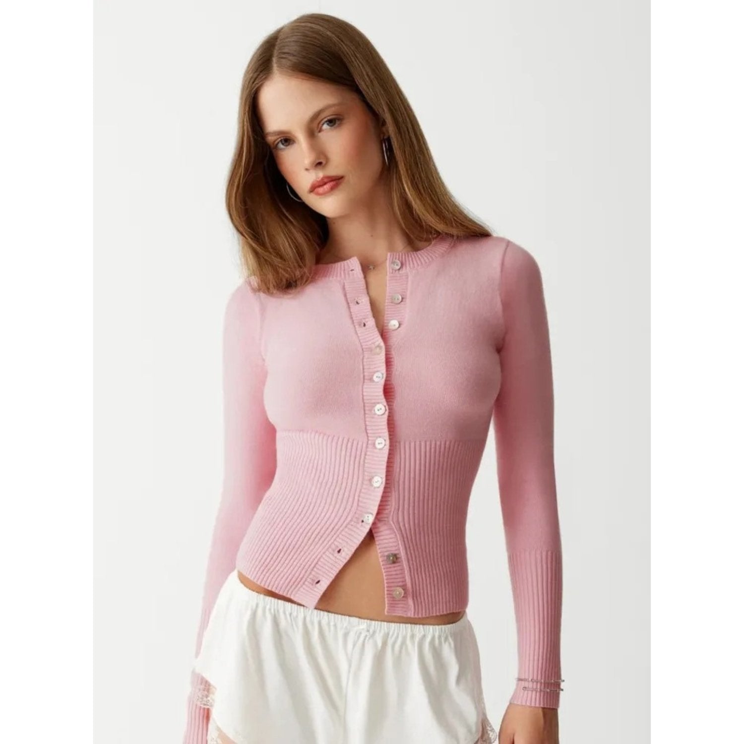 VORINAFitted Pink Ribbed CardiganWomen's Cardigan