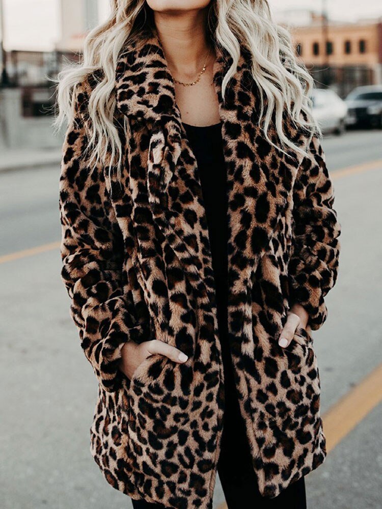 VORINALeopard Print Faux Fur CoatWomen's Coats