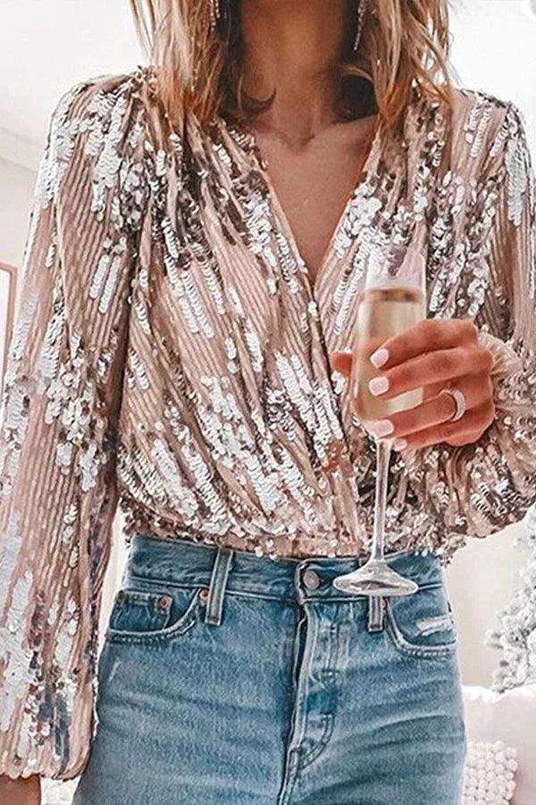 VORINALong Sleeved Sequin V - Neck Glitter TopWomen's Blouse