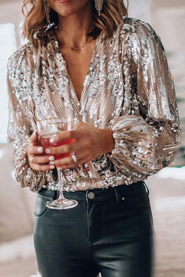 VORINALong Sleeved Sequin V - Neck Glitter TopWomen's Blouse