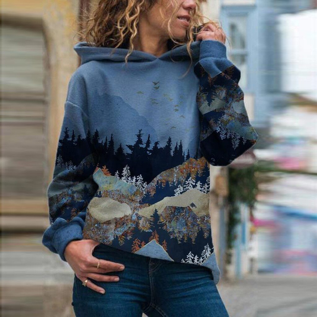 Ladies mountain treetop print hooded sweatshir sale