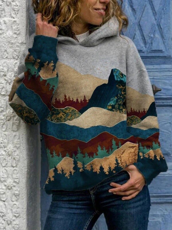 Mountain Print Hooded Sweatshirt VORINA