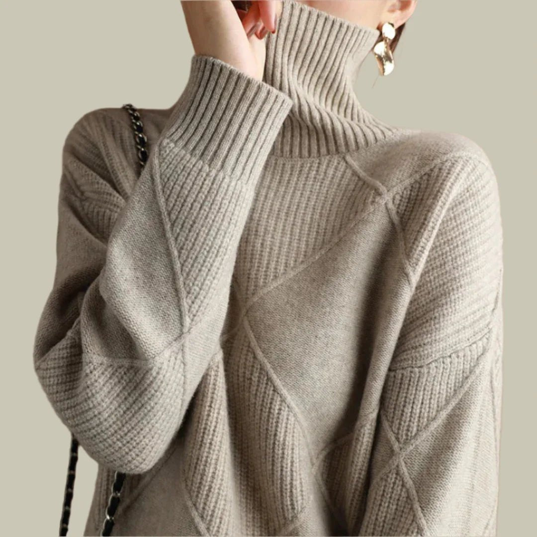 VORINARibbed Turtleneck Sweater – Geometric Knit Pattern for Casual EleganceWomen clothing