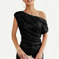 VORINAShort Sleeved Sequin One - Shoulder TopWomen's Blouse