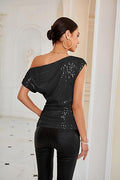 VORINAShort Sleeved Sequin One - Shoulder TopWomen's Blouse