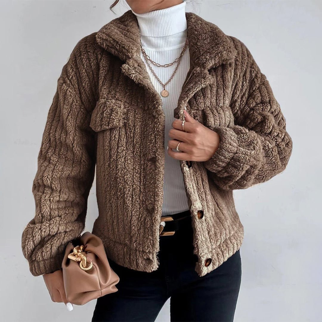 Vorina Luxury FashionTextured Sherpa Button - Up Jacket - Cozy Coat