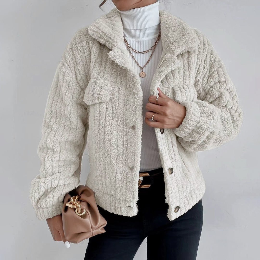 Vorina Luxury FashionTextured Sherpa Button - Up Jacket - Cozy Coat